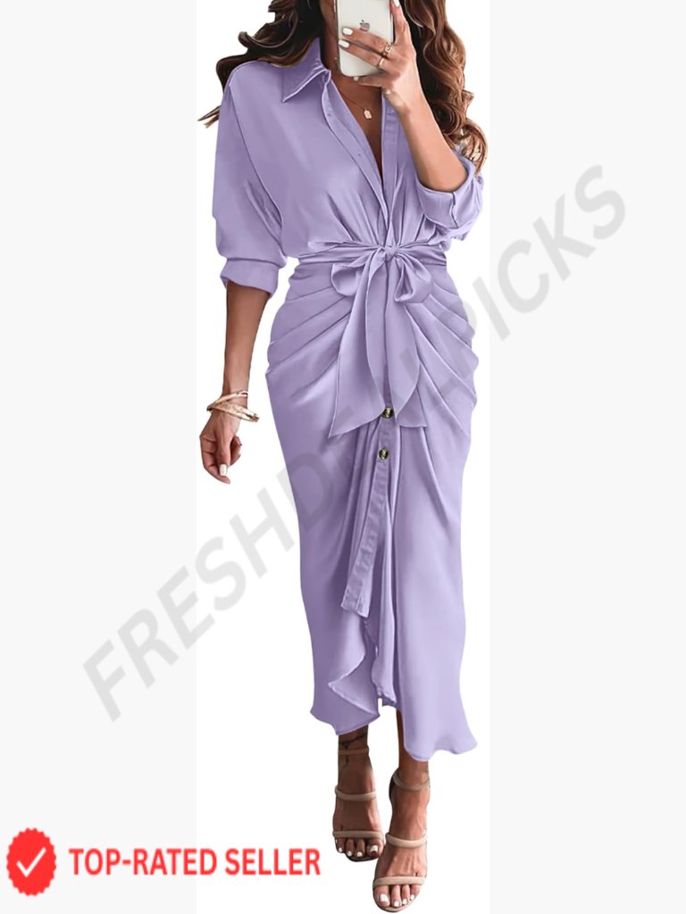 Elegant Satin Shirt Dress Long Sleeve V Neck Belted Ruched Spring Summer